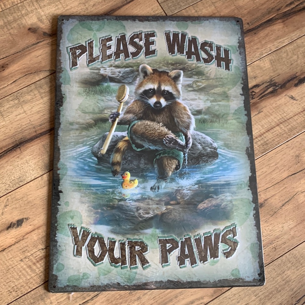 Metal sign “Please Wash Your Paws” raccoon